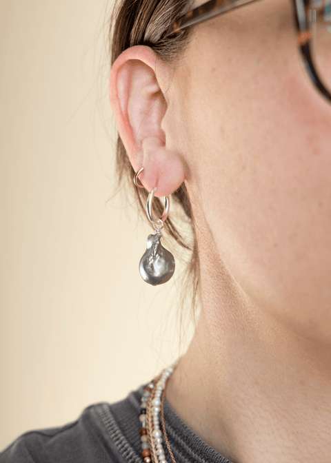 skinnydipjewelry Black Baroque Pearl Hoops polymer clay handmade slow fashion clay earrings